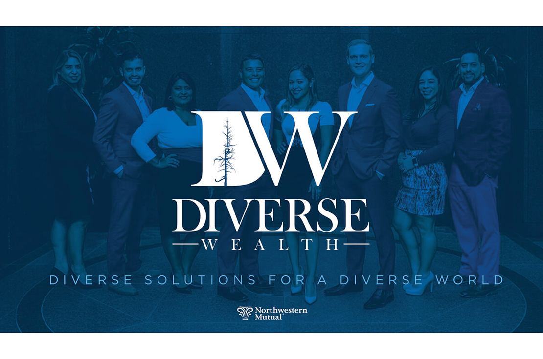 Diverse Wealth team photo with a dark blue overlay